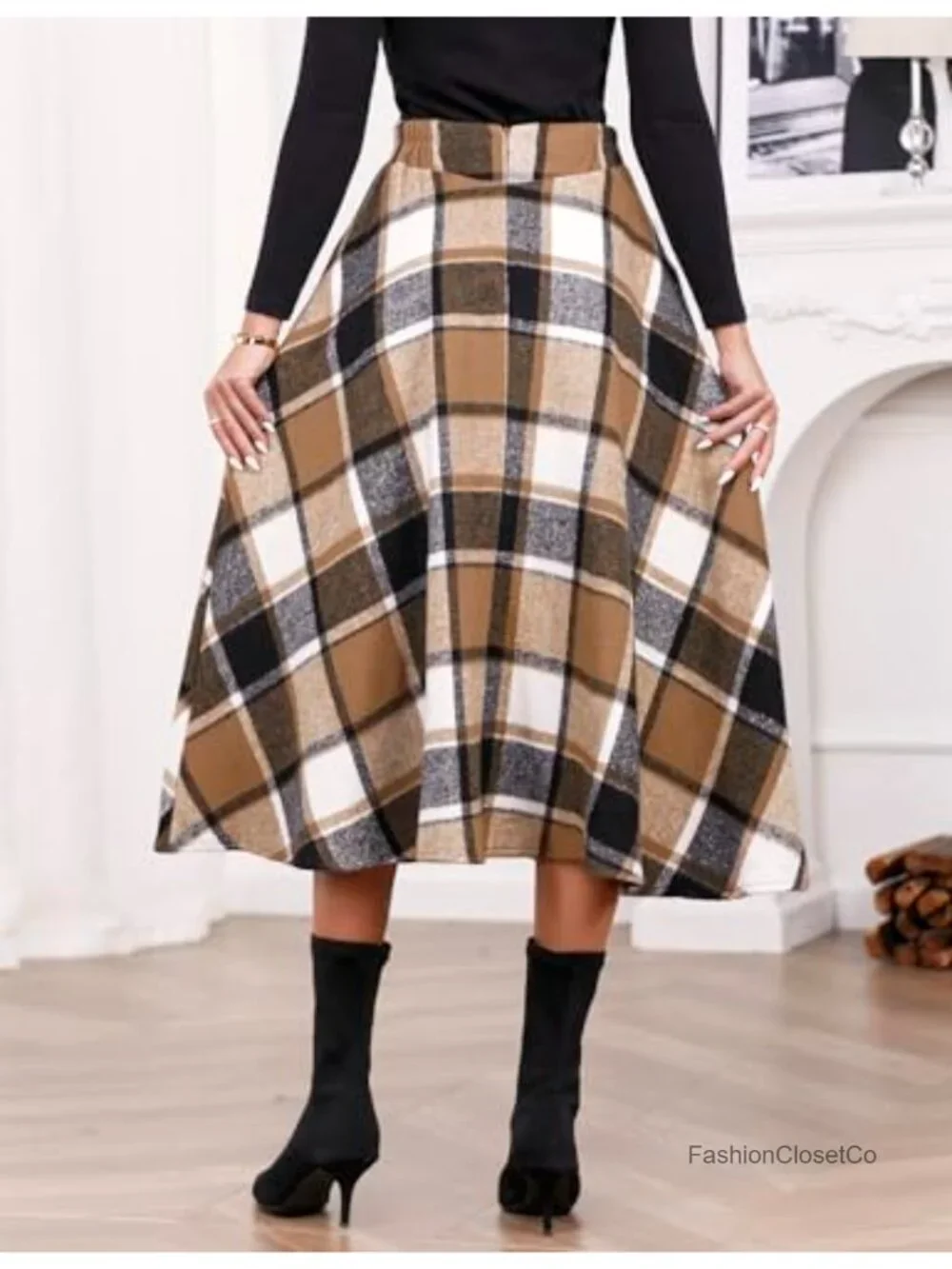 High Waisted Plaid A-Line Maxi Skirt Wool Blend Pleated